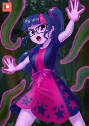 Size: 800x1132 | Tagged: safe, artist:uotapo, imported from derpibooru, sci-twi, twilight sparkle, equestria girls, equestria girls series, spring breakdown, spoiler:eqg series (season 2), blushing, breasts, clothes, female, glasses, glowing hands, i've seen enough hentai to know where this is going, magic, magic aura, offscreen character, open mouth, patreon, patreon logo, scene interpretation, signature, solo, stars, telekinesis, tentacles, vine