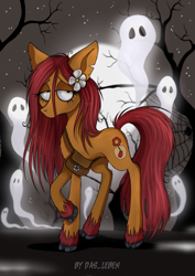 Size: 1526x2160 | Tagged: safe, artist:das_leben, imported from derpibooru, oc, oc only, oc:apple bloom, earth pony, ghost, pony, undead, fanfic:song of seven, bag, colored fetlocks, commission, earth pony oc, flower, flower in hair, forest, gothic, messy mane, night, red mane, satchel, simple background, solo, stars, torn ear, unshorn fetlocks