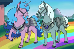 Size: 1280x854 | Tagged: safe, artist:catscratchpaper, imported from derpibooru, izzy moonbow, horse, unicorn, centaurworld, crossover, duo, female, g5, horse (centaurworld), horsified, kimiko glenn, mare, my little pony: a new generation, netflix, parody, rainbow, style emulation, voice actor joke