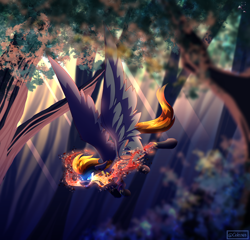 Size: 2600x2500 | Tagged: safe, artist:celes-969, imported from derpibooru, oc, oc only, oc:blaze (shadowbolt), pegasus, pony, crepuscular rays, flying, forest, solo, tree