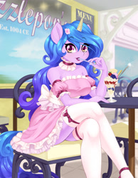 Size: 1865x2400 | Tagged: safe, artist:dstears, imported from derpibooru, izzy moonbow, anthro, unicorn, adorasexy, bare shoulders, beautiful, blueberry, bow, breasts, busty izzy moonbow, cafe, catchlights, chair, choker, clothes, crossed legs, cute, dress, eating, eyebrows, eyebrows visible through hair, eyelashes, flower, flower in hair, food, frilly, frilly dress, fruit, g5, gradient mane, herbivore, ice cream, izzybetes, leg focus, legs, lips, lipstick, looking at you, milkshake, parfait, pink dress, pose, restaurant, schrödinger's pantsu, sexy, sitting, sitting pretty, skirt, solo, sparkler (firework), spoon, stockings, strapless, strawberry, table, thigh highs, thighs, underass, zettai ryouiki