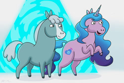 Size: 1280x854 | Tagged: safe, artist:catscratchpaper, imported from derpibooru, izzy moonbow, horse, unicorn, centaurworld, crossover, duo, duo female, female, g5, horse (centaurworld), kimiko glenn, mare, my little pony: a new generation, netflix, open mouth, parody, rift, style emulation, two beach balls had a weird kid, voice actor joke