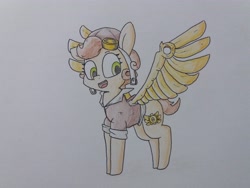 Size: 4128x3096 | Tagged: safe, artist:cherro, imported from derpibooru, oc, oc only, oc:copper wings, pony, artificial wings, augmented, clothes, female, open mouth, open smile, simple background, smiling, solo, standing, steampunk, traditional art, white background, wings