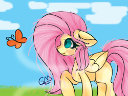 Size: 4000x3000 | Tagged: safe, artist:greenmarta, artist:macaroonburst, imported from derpibooru, fluttershy, butterfly, pegasus, pony, collaboration, female, floppy ears, raised hoof, solo