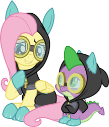 Size: 3000x3465 | Tagged: safe, artist:cloudy glow, imported from derpibooru, fluttershy, spike, sparkle's seven, .ai available, bunny ears, clothes, costume, dangerous mission outfit, goggles, hoodie, simple background, transparent background, vector