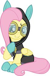 Size: 3000x4536 | Tagged: safe, artist:cloudy glow, imported from derpibooru, fluttershy, pony, sparkle's seven, .ai available, bunny ears, clothes, costume, dangerous mission outfit, goggles, hoodie, simple background, solo, transparent background, vector