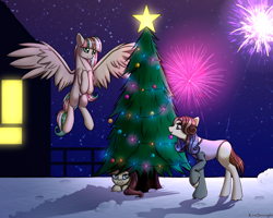 Size: 2500x2000 | Tagged: safe, artist:kirasunnight, imported from derpibooru, oc, oc only, earth pony, pegasus, pony, christmas, christmas tree, earth pony oc, fireworks, flying, holiday, pegasus oc, snow, spread wings, tree, trio, wings