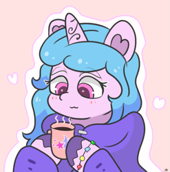 Size: 1887x1907 | Tagged: safe, artist:limitmj, imported from derpibooru, izzy moonbow, pony, unicorn, blanket, bracelet, cute, g5, izzybetes, jewelry, mug, my little pony: a new generation, simple background, solo, unshorn fetlocks