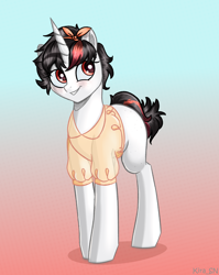 Size: 1446x1821 | Tagged: safe, artist:kirasunnight, imported from derpibooru, oc, oc only, pony, unicorn, clothes, female, gradient background, horn, solo, unicorn oc