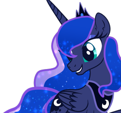 Size: 2671x2500 | Tagged: safe, artist:nitlynjane, imported from derpibooru, princess luna, alicorn, pony, crown, ethereal mane, ethereal tail, eyeshadow, female, folded wings, gem, grin, gritted teeth, high res, horn, jewelry, looking at something, looking back, makeup, mare, moon, peytral, raised hoof, regalia, simple background, smiling, solo, starry mane, tail, teal eyes, transparent background, wings