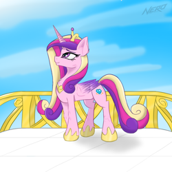 Size: 1000x1000 | Tagged: safe, artist:nerofactory, imported from derpibooru, princess cadance, alicorn, pony, balcony, chest fluff, cloud, colorful, cute, day, digital art, eyebrows, eyelashes, female, folded wings, hoof shoes, horn, mare, outdoors, pose, purple eyes, sky, smiling, solo, wings