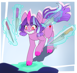 Size: 1024x967 | Tagged: safe, artist:sawberrykiss, imported from derpibooru, oc, oc only, oc:sugar rush, pony, unicorn, beanbrows, cloven hooves, curved horn, eyebrows, glowing, glowing horn, horn, knife, magic, sharp teeth, slasher smile, solo, teeth, telekinesis, unicorn oc
