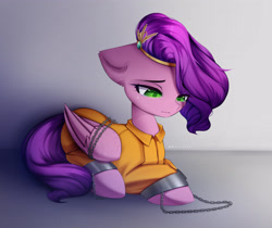 Size: 3840x3224 | Tagged: safe, artist:shavurrr, imported from derpibooru, pipp petals, pegasus, pony, bound wings, chained, chains, clothes, crying, cuffed, female, g5, mare, my little pony: a new generation, prison outfit, prisoner, sad, shackles, solo, wings