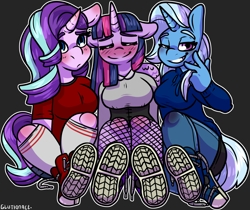 Size: 1974x1656 | Tagged: safe, artist:sexygoatgod, imported from derpibooru, starlight glimmer, trixie, twilight sparkle, alicorn, anthro, unicorn, blushing, clothes, converse, eyes closed, feet, female, fetish, fishnets, foot fetish, kneesocks, looking at you, peace sign, shoe fetish, shoes, sneakers, socks, trio, trio female