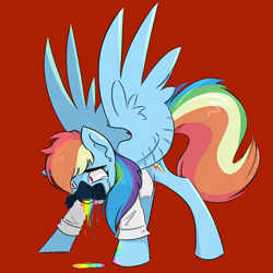 Size: 900x901 | Tagged: safe, artist:pointdelta, imported from derpibooru, rainbow dash, pegasus, pony, fanfic:rainbow factory, crying, fanfic art, female, gas mask, liquid rainbow, mask, rainbow factory dash, red background, simple background, solo, spread wings, wings