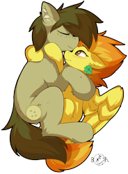 Size: 2068x2811 | Tagged: safe, artist:beardie, imported from derpibooru, spitfire, oc, oc:chocolate chips, earth pony, pegasus, pony, canon x oc, clover, cuddling, cute, female, firechips, male, shipping, simple background, snuggling, straight, transparent background