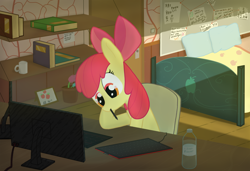 Size: 2560x1750 | Tagged: safe, artist:_rynn, imported from derpibooru, apple bloom, earth pony, pony, apple bloom's bow, bed, book, bow, chair, closed mouth, computer, cup, door, drawing, eyes open, flower, graphics tablet, hair bow, keyboard, light, monitor, mouth hold, notes, pen, pillow, room, shadows, shelves, sitting, solo, table, walls, water bottle, wide eyes