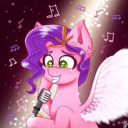 Size: 1280x1280 | Tagged: safe, artist:galaxy swirl, imported from derpibooru, pipp petals, pegasus, pony, adorapipp, cute, ear fluff, female, g5, happy, headband, mare, microphone, music notes, my little pony: a new generation, smiling, solo, spread wings, wings