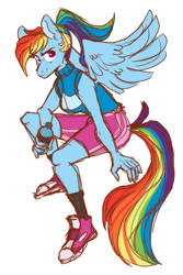 Size: 3850x5775 | Tagged: safe, artist:canisrettmajoris, imported from derpibooru, rainbow dash, anthro, pegasus, plantigrade anthro, clothes, converse, female, ponytail, shoes, shorts, simple background, sneakers, solo, water bottle, white background