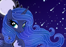 Size: 1280x925 | Tagged: safe, artist:n-brillance, imported from derpibooru, princess luna, alicorn, pony, crown, ethereal mane, female, hoof shoes, jewelry, looking at you, mare, moon, raised hoof, regalia, shooting star, solo