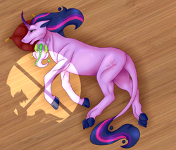 Size: 2000x1700 | Tagged: safe, artist:a-touch-of-magic, imported from derpibooru, spike, twilight sparkle, dragon, pony, unicorn, fanfic:corruption, altered cutie mark, comforting, comforting twilight, corrupted, curved horn, duo, fanfic, fanfic art, female, floor, horn, leonine tail, male, mare, on floor, open mouth, pillow, shadow, tail, transformation, unicorn twilight