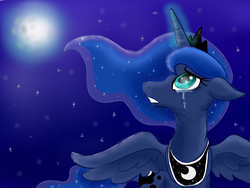 Size: 1600x1200 | Tagged: safe, artist:doodledaydream, imported from derpibooru, princess luna, alicorn, pony, crying, female, moon, night, night sky, sad, sky, solo, spread wings, wings