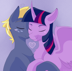 Size: 1702x1666 | Tagged: safe, artist:maravor, imported from derpibooru, star tracker, twilight sparkle, alicorn, earth pony, pony, blushing, chest fluff, colored ears, duo, eyes closed, female, heart, male, mare, shipping, stallion, straight, twilight sparkle (alicorn), twitracker