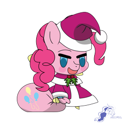 Size: 9934x9934 | Tagged: safe, artist:dimanizma, imported from derpibooru, pinkie pie, earth pony, pony, absurd resolution, anime, bag, chibi, christmas, clothes, costume, cute, fate/stay night, female, filly, foal, happy new year, hat, hearth's warming eve, holiday, horn, padoru, party, santa costume, santa hat, simple background, solo, transparent background, watermark