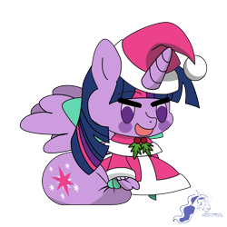 Size: 9934x9934 | Tagged: safe, artist:dimanizma, imported from derpibooru, twilight sparkle, alicorn, pony, unicorn, absurd resolution, anime, bag, chibi, christmas, clothes, costume, cute, fate/stay night, female, filly, foal, happy new year, hat, hearth's warming eve, holiday, horn, padoru, santa costume, santa hat, simple background, solo, spread wings, transparent background, twilight sparkle (alicorn), watermark, wings