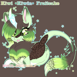 Size: 2352x2360 | Tagged: safe, artist:red_moonwolf, imported from derpibooru, oc, oc only, oc:kiwi fruitcake, kirin, :p, butt freckles, chest fluff, colored sclera, fangs, female, freckles, kirin oc, looking down, lying down, prone, simple background, solo, tongue out, watermark