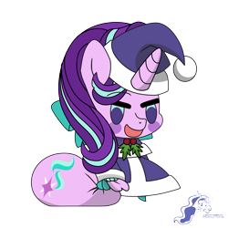 Size: 9934x9934 | Tagged: safe, artist:dimanizma, imported from derpibooru, starlight glimmer, pony, unicorn, absurd resolution, anime, bag, chibi, christmas, clothes, costume, cute, fate/stay night, female, filly, foal, happy new year, hat, hearth's warming eve, holiday, horn, mare, open mouth, open smile, padoru, santa costume, santa hat, simple background, smiling, solo, transparent background, watermark