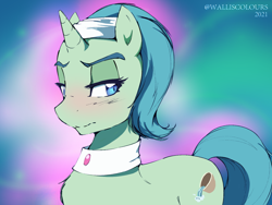 Size: 1532x1149 | Tagged: safe, artist:walliscolours, imported from derpibooru, birch bucket, pony, unicorn, blushing, dated, eyelashes, femboy, gradient background, jewelry, lidded eyes, looking at something, male, necklace, signature, solo, stallion