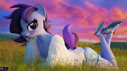 Size: 3840x2160 | Tagged: safe, artist:shadowboltsfm, imported from derpibooru, oc, oc:raven storm, anthro, plantigrade anthro, 3d, 4k, blender, clothes, crossed legs, daisy dukes, feet, female, grass, implied tail hole, looking at you, not sfm, sandals, shorts, smiling, solo, sunset, tail, the pose