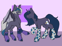 Size: 2732x2048 | Tagged: safe, artist:snows-undercover, imported from derpibooru, oc, oc only, oc:elizabat stormfeather, oc:n0kkun, alicorn, bat pony, bat pony alicorn, pony, unicorn, alicorn oc, bat pony oc, bat wings, clothes, duo, female, grin, horn, mare, raised hoof, smiling, socks, striped socks, wings