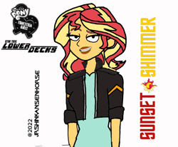 Size: 720x592 | Tagged: safe, artist:jrshinkansenhorse, derpibooru exclusive, imported from derpibooru, sunset shimmer, equestria girls, equestria girls series, 2022, clothes, crossover, discord being discord, jacket, leather jacket, simple background, star trek, star trek: lower decks, style emulation, white background