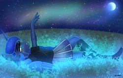 Size: 4096x2616 | Tagged: safe, artist:opal_radiance, imported from derpibooru, princess luna, anthro, plantigrade anthro, aurora borealis, clothes, field, lying down, missing shoes, moon, night, on back, raised hand, shirt, skirt, smiling, socks, stocking feet