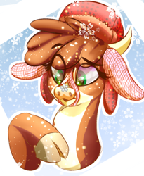 Size: 734x897 | Tagged: safe, artist:to_fat_to_fly, arizona cow, cow, them's fightin' herds, cloven hooves, community related, drawthread, earmuffs, eye clipping through hair, female, hat, pale belly, snow, snowfall, snowflake, solo