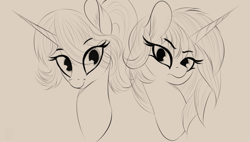 Size: 1029x583 | Tagged: safe, artist:to_fat_to_fly, princess celestia, princess luna, alicorn, pony, bust, duo, ear fluff, eye clipping through hair, female, horn, looking at you, mare, monochrome, portrait, siblings, sisters