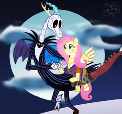 Size: 1808x1689 | Tagged: safe, artist:tiger-of-my-eye, imported from derpibooru, discord, fluttershy, draconequus, pegasus, pony, bone, discoshy, female, halloween, holiday, jack skellington, male, moon, polka dots, sally skellington, shipping, signature, skeleton, straight, the nightmare before christmas