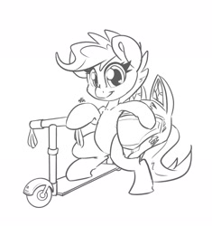 Size: 2234x2374 | Tagged: safe, artist:leadhooves, imported from derpibooru, scootaloo, pegasus, pony, bipedal, black and white, female, filly, foal, grayscale, helmet, monochrome, scooter, simple background, smiling, solo, white background