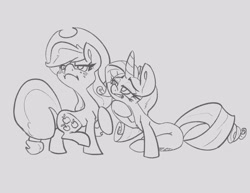 Size: 3300x2550 | Tagged: safe, artist:leadhooves, imported from derpibooru, applejack, rarity, earth pony, pony, unicorn, applejack's hat, cowboy hat, duo, female, frown, gray background, grayscale, grin, hat, lidded eyes, looking away, mare, monochrome, shipping, simple background, sitting, smiling, teasing