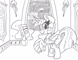 Size: 3300x2550 | Tagged: safe, artist:leadhooves, imported from derpibooru, twilight sparkle, alicorn, pony, black and white, book, bookshelf, female, grayscale, levitation, looking at you, looking back, looking back at you, magic, mare, monochrome, smiling, smiling at you, solo, telekinesis, twilight sparkle (alicorn), underhoof