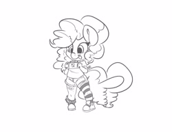 Size: 3300x2550 | Tagged: safe, artist:leadhooves, imported from derpibooru, pinkie pie, anthro, earth pony, plantigrade anthro, bandaid, black and white, clothes, converse, female, filly, foal, grayscale, jeans, monochrome, nintendo switch, pants, shoes, simple background, socks, solo, striped socks, tongue out, white background, younger