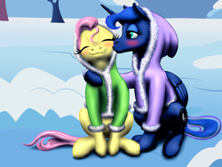 Size: 1600x1200 | Tagged: safe, artist:vasillium, imported from derpibooru, fluttershy, princess luna, alicorn, pegasus, pony, blushing, cheek kiss, clothes, duo, duo female, female, hoodie, kissing, lesbian, lunashy, mare, shipping, sitting, snow, winter