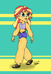 Size: 1024x1483 | Tagged: safe, artist:tmntsam, imported from derpibooru, sunset shimmer, human, equestria girls, alternate universe, belt, clothes, feet, female, fur, furry human, sandals, shorts, solo, tanktop