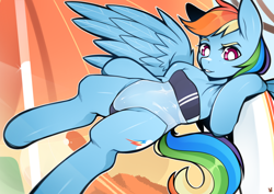 Size: 7016x4961 | Tagged: safe, artist:sugarelement, imported from derpibooru, rainbow dash, pegasus, pony, semi-anthro, beach, clothes, female, flying, gris swimsuit, one-piece swimsuit, see-through, solo, swimsuit