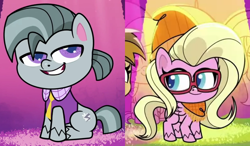Size: 1200x700 | Tagged: safe, edit, edited screencap, imported from derpibooru, screencap, buttershy, octavio pie, earth pony, pegasus, pony, my little pony: pony life, pie vs. pie, beanie, butavio, clothes, cropped, female, g4.5, glasses, hat, male, necktie, scarf, shipping, shipping domino, sportacular spectacular musical musak-ular, spotlight, straight, we shine brighter together