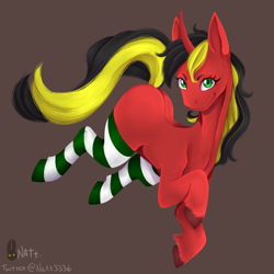 Size: 1446x1446 | Tagged: safe, artist:natt333, imported from derpibooru, oc, oc only, pony, unicorn, brown background, clothes, digital art, horn, jumping, looking at you, simple background, smiling, smiling at you, socks, solo, striped socks, unicorn oc