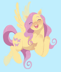 Size: 1280x1500 | Tagged: safe, artist:freedomeverlasting, artist:universalheart, imported from derpibooru, fluttershy, pegasus, pony, blue background, cute, ear piercing, earring, eye clipping through hair, eyes closed, fangs, female, flying, jewelry, mare, open mouth, open smile, piercing, shyabetes, simple background, smiling