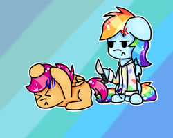 Size: 1280x1024 | Tagged: safe, artist:kb-gamerartist, imported from derpibooru, rainbow dash, scootaloo, pegasus, pony, fanfic:rainbow factory, clothes, cross-popping veins, duo, eyes closed, fanfic art, female, filly, foal, knife, lab coat, mare, rainbow dash is not amused, rainbow factory dash, scared, unamused